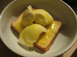 Pound cake with vanilla ice cream and lemon curd.