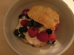 Shortcake with berries and whipped cream.