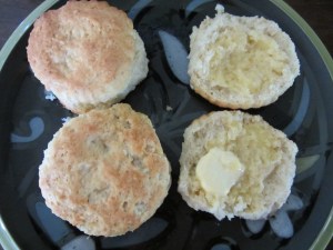 Split and buttered biscuits.