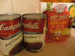 Beef consomme and apple cider. Not pictured:  chicken stock.