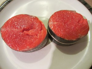 Oiled and salted steaks.