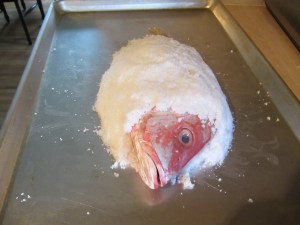 Fish in his salt dome, and ready for the oven.