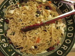 Final pasta with the pantry ingredients of choice.