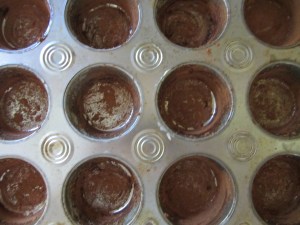 Muffin tin, greased and dusted with cocoa powder.
