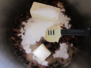 Macerated fruit, spices, butter, sugar, and juice.