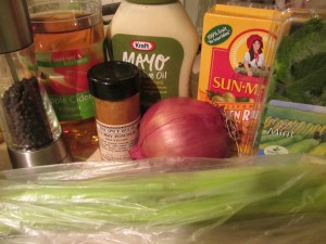 Ingredients for Waldorf salad (minus apples, toasted walnuts, and salt).
