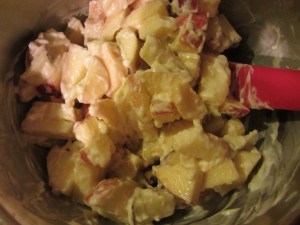 Apples coated with mayo.