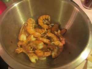 Hot shrimp into the cold bowl.