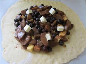 Pound cake, fruit filling, and butter.