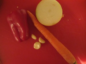 Bell pepper, carrot, onion, and garlic.