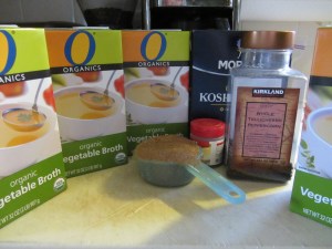 Brine ingredients:  vegetable broth, brown sugar, allspice berries, Kosher salt, and peppercorns. Not pictured:  candied ginger.