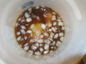 Brine plus ice water in a bucket.