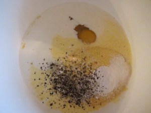 Creamed corn, cream, eggs, cornmeal, baking powder,  Kosher salt, and pepper.