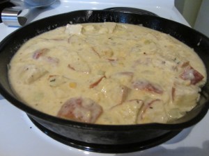 Bread mixture added to skillet.