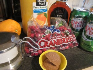 Sauce ingredients: cranberries, OJ, ginger ale, maple syrup, brown sugar, Kosher salt, and the zest of an orange.