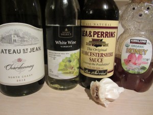 Braising liquid ingredients:  white wine, white wine vinegar, Worcestershire sauce, honey, and garlic.