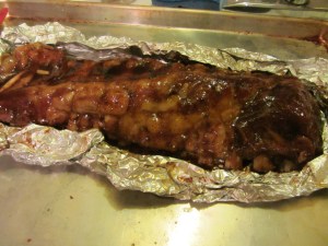 Ribs with sauce painted on.