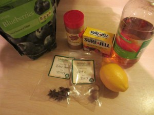 Jam ingredients:  frozen blueberries, star anise, nutmeg, cinnamon, pectin, lemon juice, and cider vinegar.