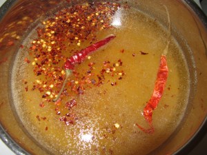 Brine ingredients:  water, sugar, cider vinegar, onion powder, mustard seed, Kosher salt, chili flakes, and dried chilies.
