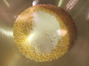 Dry ingredients:  stone ground cornmeal, Kosher salt, sugar, baking powder, and baking soda.