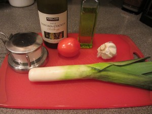 Other ingredients for the dish:  garlic, olive oil, leek, tomato, white wine, and Kosher salt.