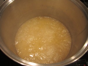 Steaming liquid, boiling down to duck fat.