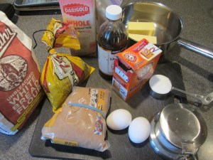 Chewy cookie ingredients:  butter, bread flour, Kosher salt, baking soda, sugar, brown sugar, eggs, whole milk, vanilla, and chocolate chips.