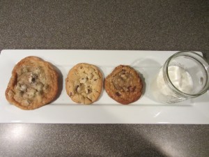 Left to right:  Alton's thin, puffy, and chewy chocolate chip cookies.