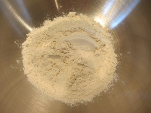 2 C of pancake mix in a large bowl.