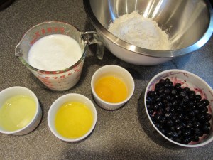 Pancake ingredients:  2 C pancake mix, 2 C buttermilk, 4 T melted butter, blueberries, and 2 eggs, separated.