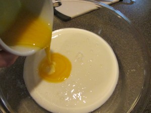 Combining liquid ingredients.