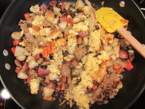 The addition of leftover corn bread pudding.