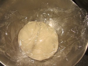 Into an oiled bowl, covered with plastic wrap, and into the refrigerator for 18-24 hours.