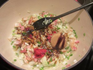 Tomato paste, brown sugar, and molasses added.