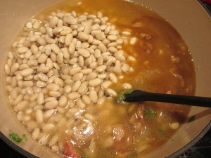 Soaking liquid added to beans.