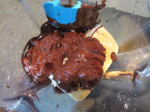 Melted chocolate chips, vanilla, honey, & coffee liqueur added to the tofu.