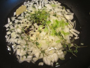 All of the ingredients in a pan.