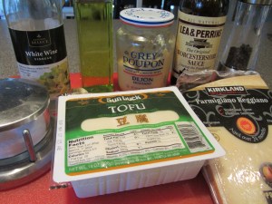 Caesar ingredients:  Parmesan, garlic, Dijon mustard, white wine vinegar, Worcestershire sauce, Kosher salt, black pepper, and silken tofu.