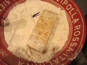 Tofu dredged lightly in flour...