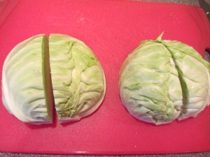Cabbage cut into quarters.