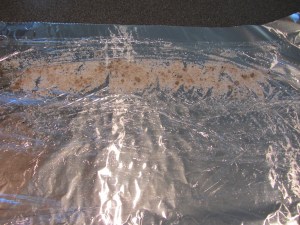 Small amount of cure sprinkled in fillet shape on plastic wrap.