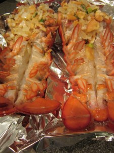 Lobsters, ready for the oven. Tails brushed with olive oil.