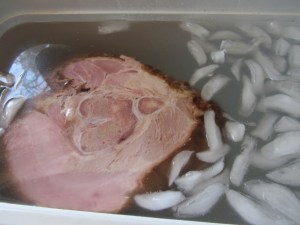 Soaking the ham in a cooler.