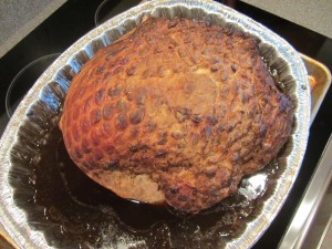 Ham pulled out after cooking for 2 hours. Flipped over in the liquid.