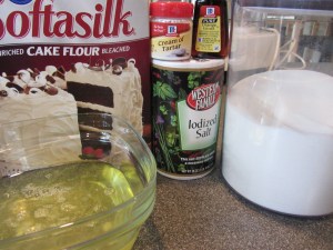 Ingredients for Alton's angel food cake:  cake flour, egg whites, salt, sugar, cream of tartar, and orange extract.